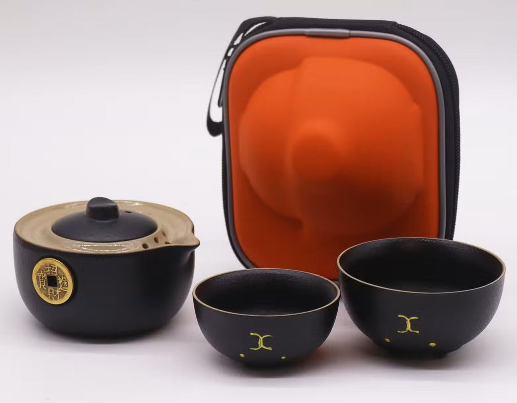 Conjunto de Bule Gato de Dinheiro - Duas chávenas - Embalagem de Viagem - Preto