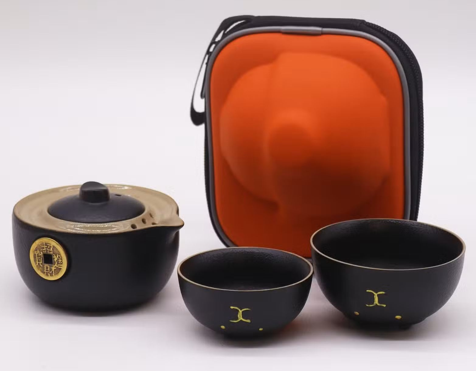Conjunto de Bule Gato de Dinheiro - Duas chávenas - Embalagem de Viagem - Preto