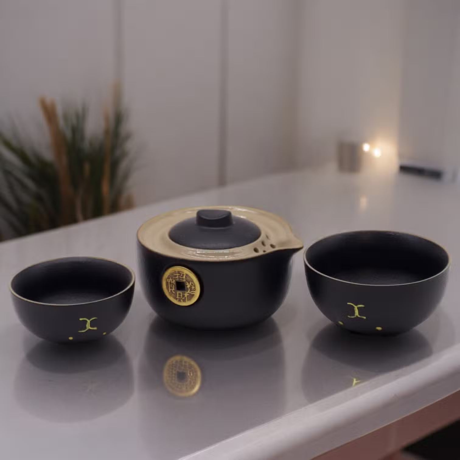 Conjunto de Bule Gato de Dinheiro - Duas chávenas - Embalagem de Viagem - Preto